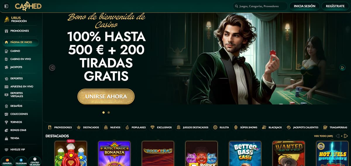 Una elegante página de inicio del casino online Cashed con un tema oscuro y detalles en verde neón, que promociona una oferta de bono del 200%, integración de criptomonedas y opciones de juego como tragamonedas, casino en vivo y apuestas deportivas.