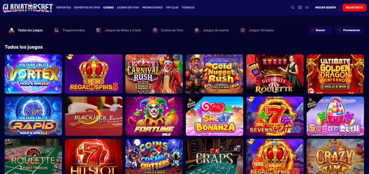 Gladiatorsbet inicio con navegación para deportes, casino y torneos. La sección de juegos muestra tragamonedas y títulos populares como Sweet Bonanza, Sugar Rush, Crazy Time y Ultimate Roulette.