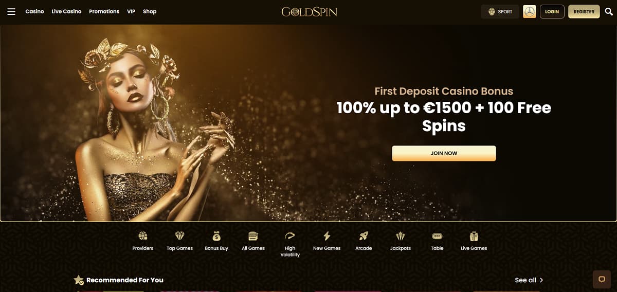 Captura de pantalla de la página de inicio de GoldSpin Casino con un banner de la 'Casino Weekly Challenge' y una oferta de premio en efectivo de €100.