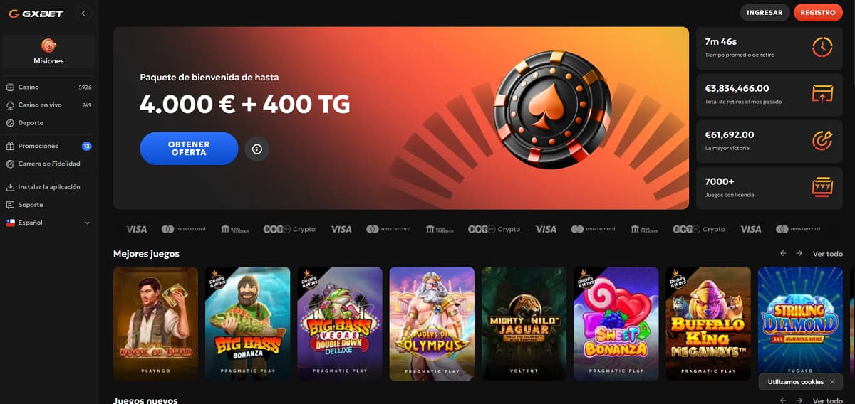 GXBET inicio con banner de bienvenida hasta 4.000 € + 400 giros. Navegación incluye casino, casino en vivo, deportes y promociones, con juegos destacados como Book of Dead, Gates of Olympus y Sweet Bonanza.