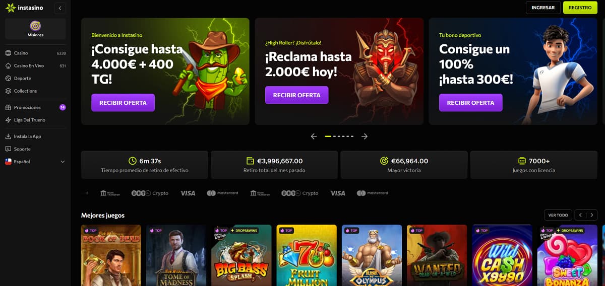 Instasino inicio con banners que ofrecen hasta 4.000 € + 400 giros, bonos para high rollers y apuestas deportivas. Navegación incluye casino, casino en vivo, deportes y promociones, con juegos destacados como Book of Dead y Sweet Bonanza.