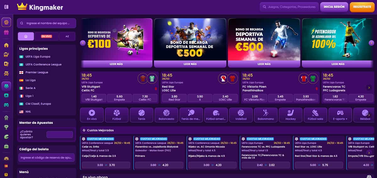 Captura de pantalla de la página de inicio de Kingmaker Casino con un diseño en tonos púrpura, menú de navegación a la izquierda y un banner con la oferta '100% hasta €500 + 50 chances to win €1M'.