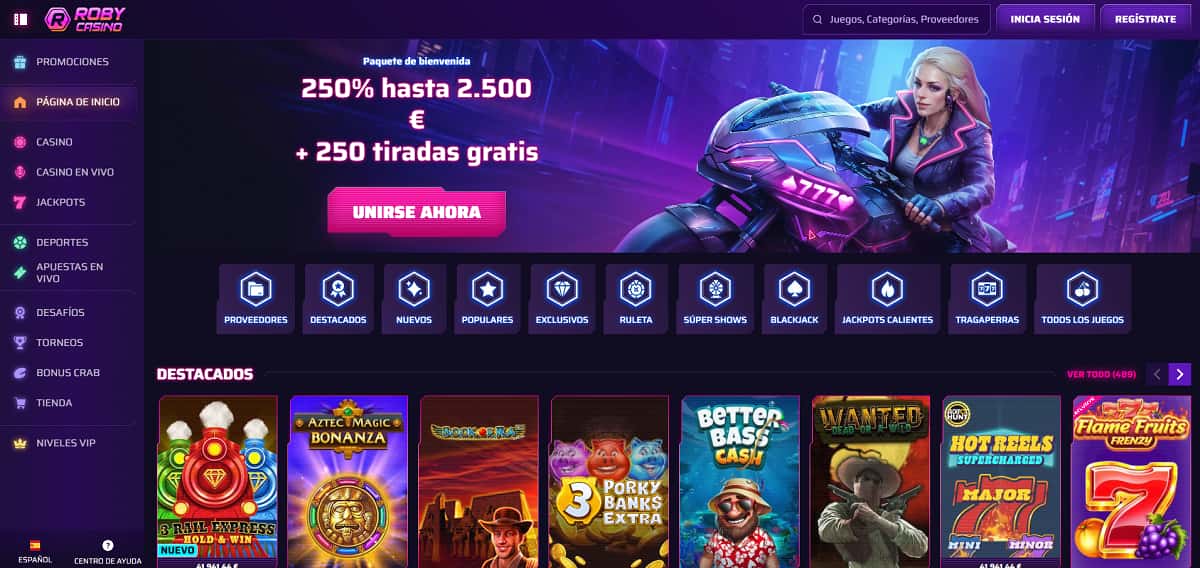 Captura de pantalla de Roby Casino con una cuadrícula de tragamonedas destacadas como Big Bass Bonanza, Wolf Gold y Gates of Olympus, con los nombres de los proveedores.