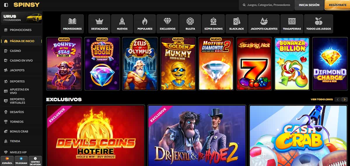 Captura de pantalla de la página de inicio de Spinsy Casino que presenta un bono de bienvenida de '100% hasta 500€ + 200 Free Spins' y un botón de registro destacado.