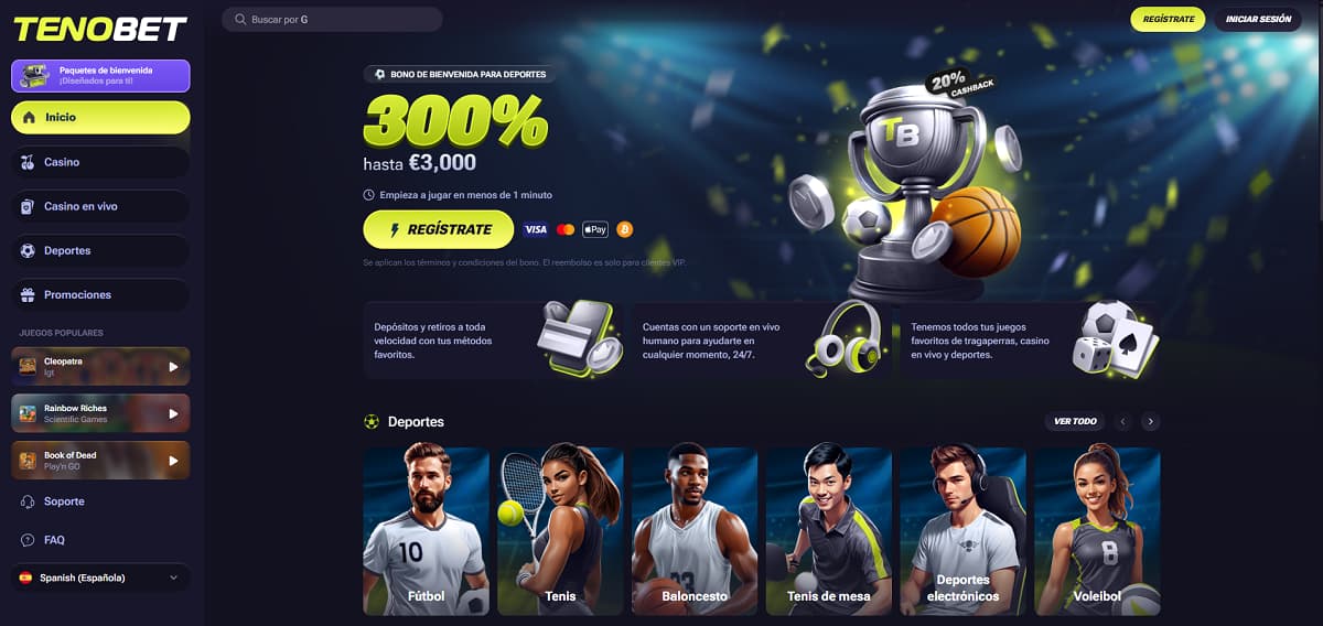 Tenobet inicio con banner deportivo que ofrece bono de bienvenida del 300 % hasta 3.000 €. Navegación incluye casino, casino en vivo, deportes y promociones, con juegos populares como Cleopatra, Rainbow Riches y Book of Dead.