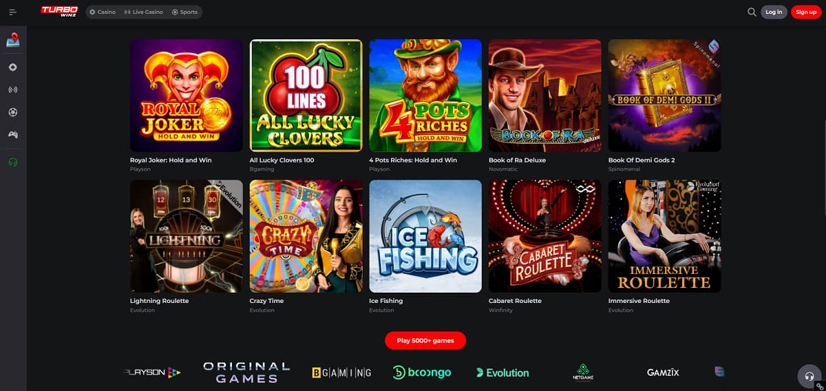 Turbowinz inicio con selección de tragamonedas y ruletas en vivo como Royal Joker, Book of Ra Deluxe y Lightning Roulette. Navegación incluye casino, live casino y deportes, con botón para jugar más de 5000 juegos.